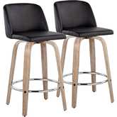 Toriano 26" Swivel Counter Stool in White Washed Wood & Black Leatherette & Chrome (Set of 2)